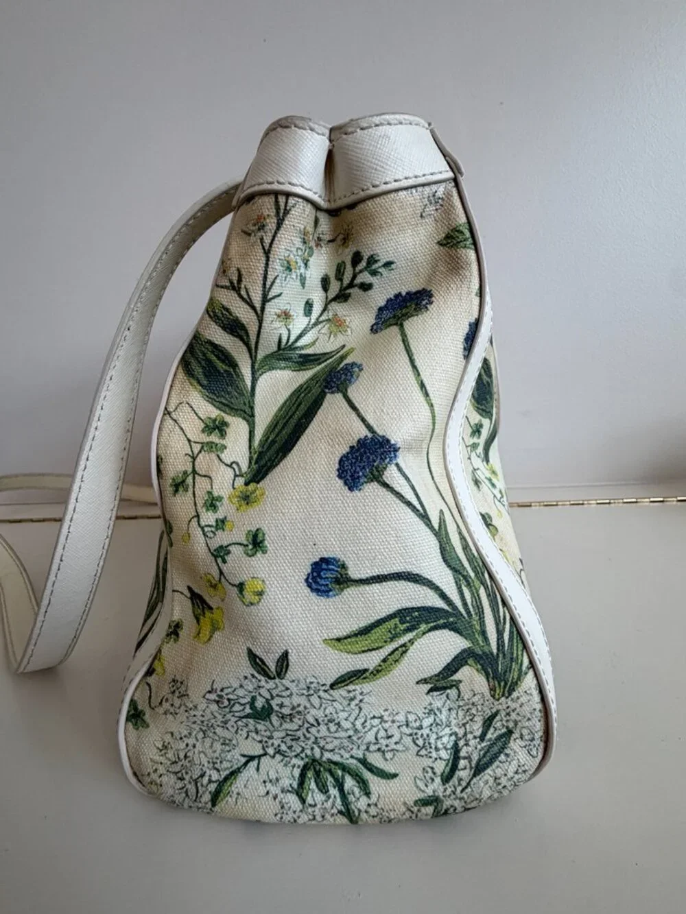 Tory Burch Floral Botanical Canvas Satchel Shoulder Bag Ivory Gold